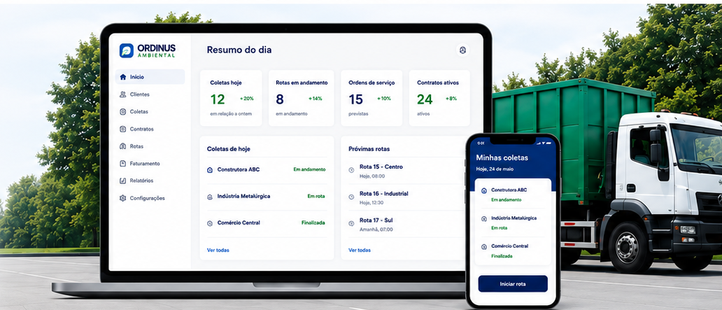 Painel do sistema Ordinus Ambiental com notebook, celular e caminhão com container verde